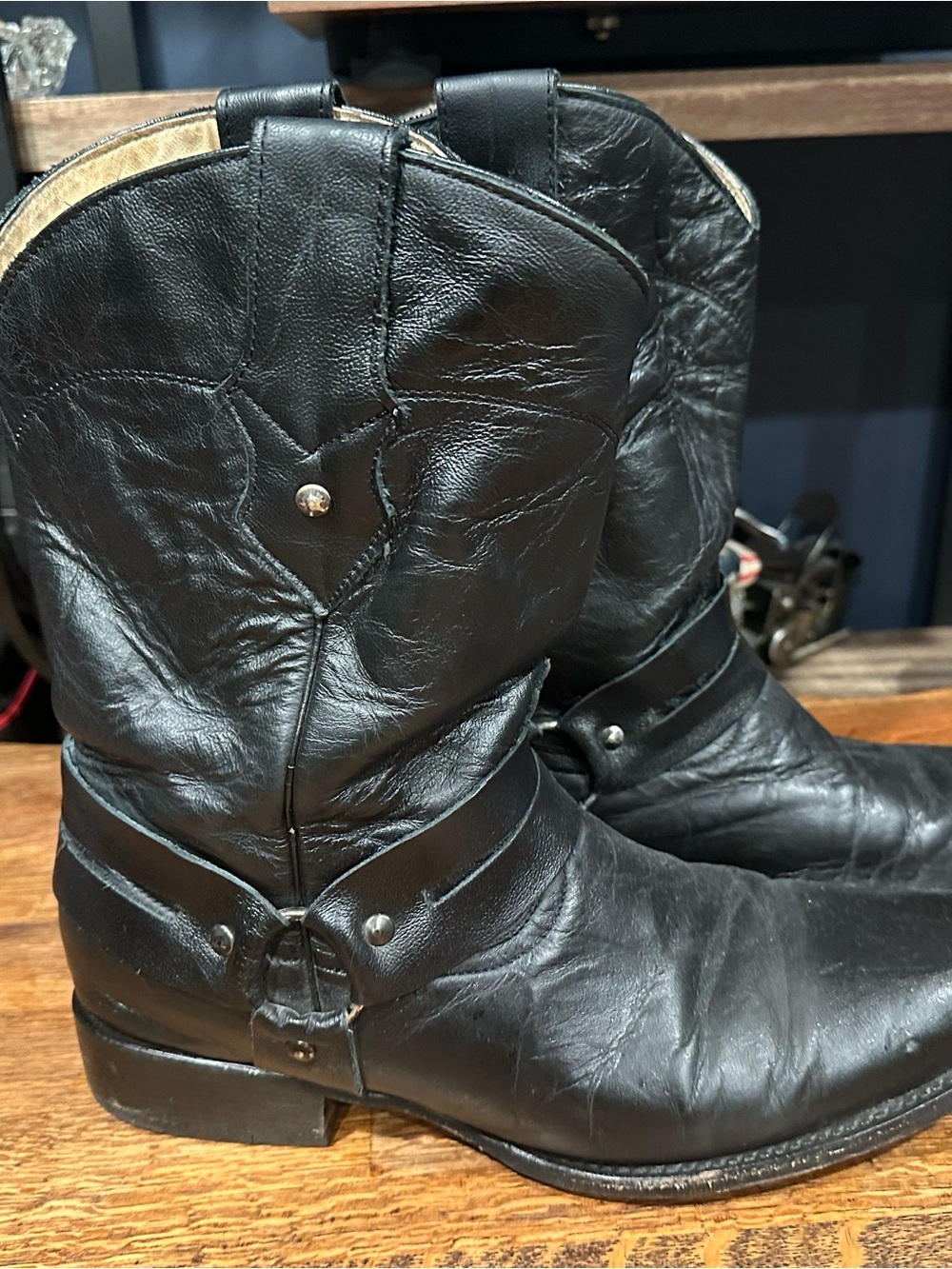Men's Black Leather Western Harness Boots - Classic Riding Style - Picture 2 of 8